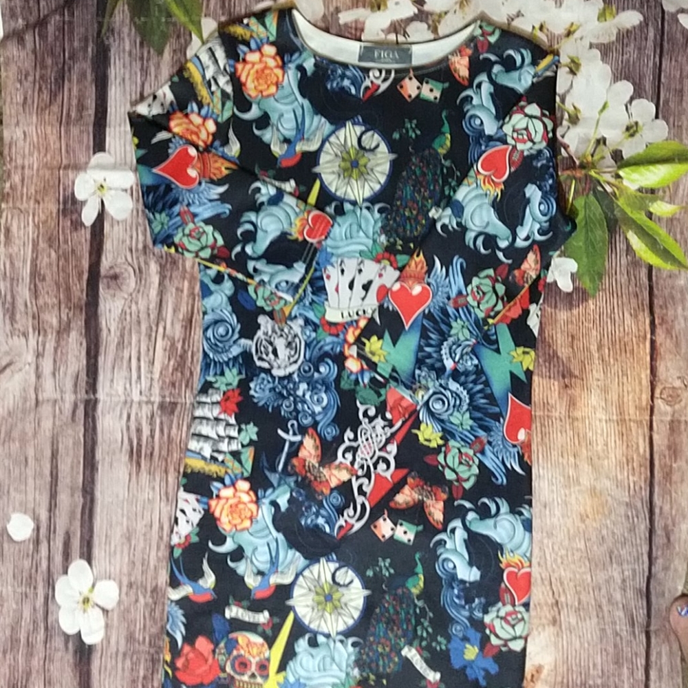 Figa Tattoo Pop Art Design 3/4 Sleeve Dress